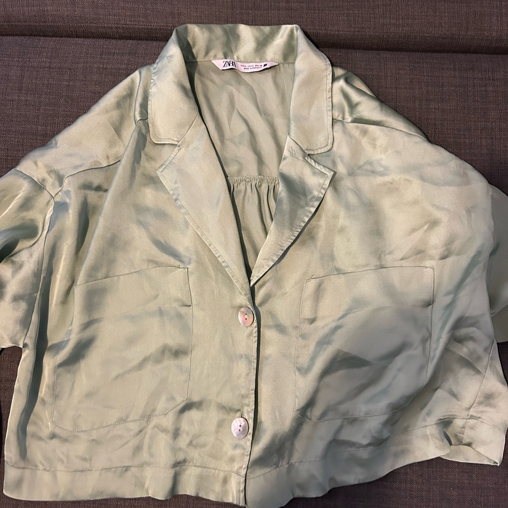 Zara Light Sage Silk-Look Cropped Button Crop Top